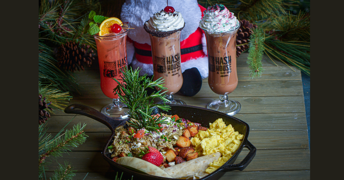 Christmas 2025 holiday menu dishes and festive cocktails at Hash House A Go Go West Sahara in Las Vegas.