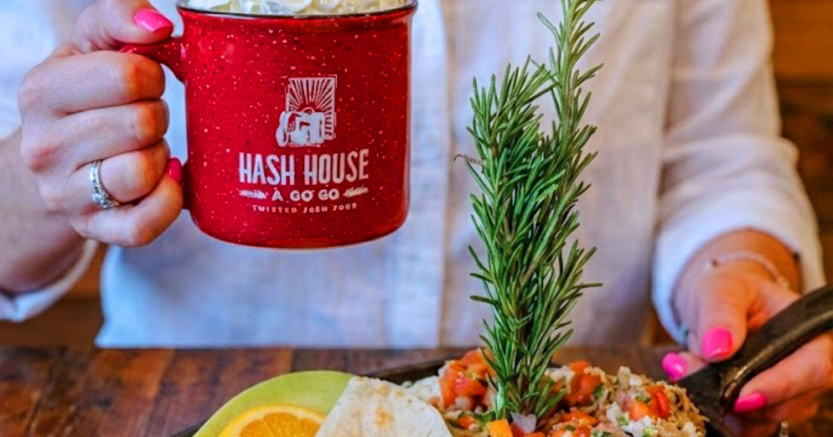 Hash House A Go Go West Sahara coffee mug with twisted farm food brunch dish at the off the Strip Las Vegas location