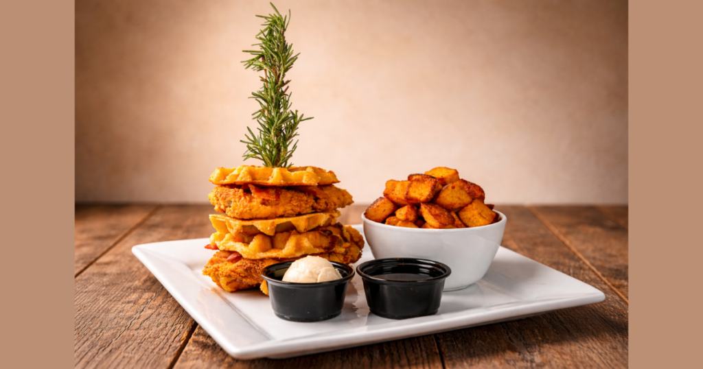 chicken and waffle sandwich stack hash house west sahara las vegas brunch item off the season spring menu.