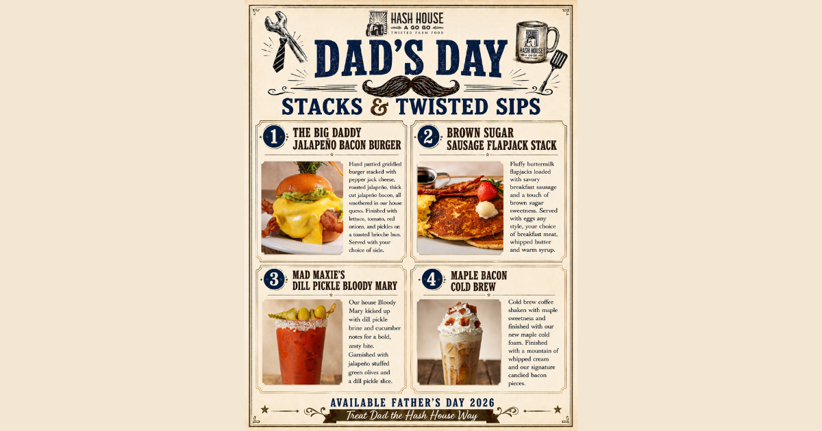 Father’s Day menu graphic for Hash House A Go Go West Sahara Las Vegas featuring brunch plates and twisted drinks