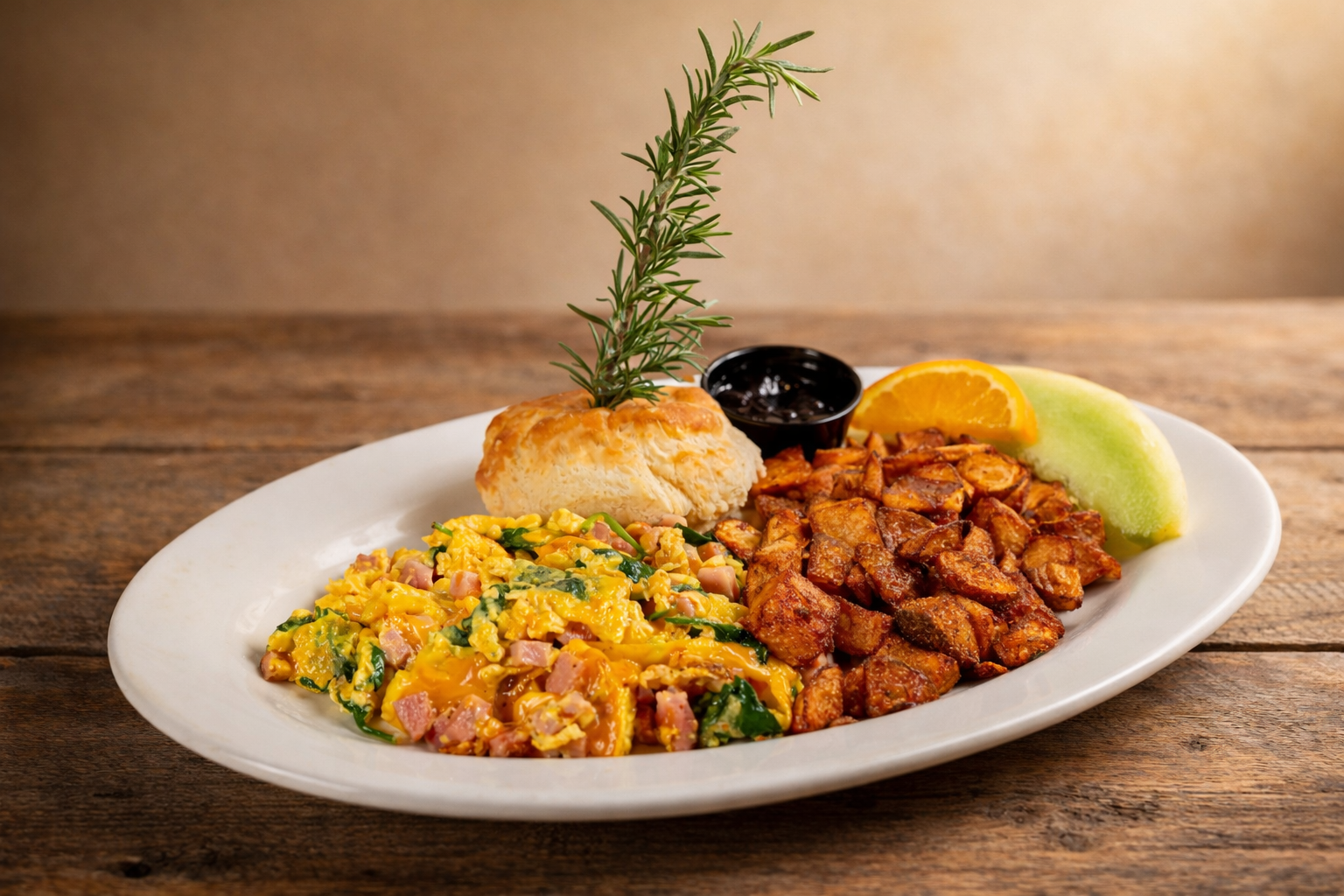 Come have the best breakfast in Las Vegas with our Sun-Dried Tomato, Basil & Goat Cheese Scramble at Hash House A Go Go, served with crispy potatoes, a biscuit, and fresh fruit.